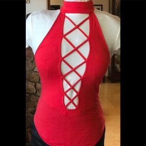 Express Tops - Express Red Lace Front Bodysuit. Size S. Express Tops - Express Red Lace Front Bodysuit. Size S.